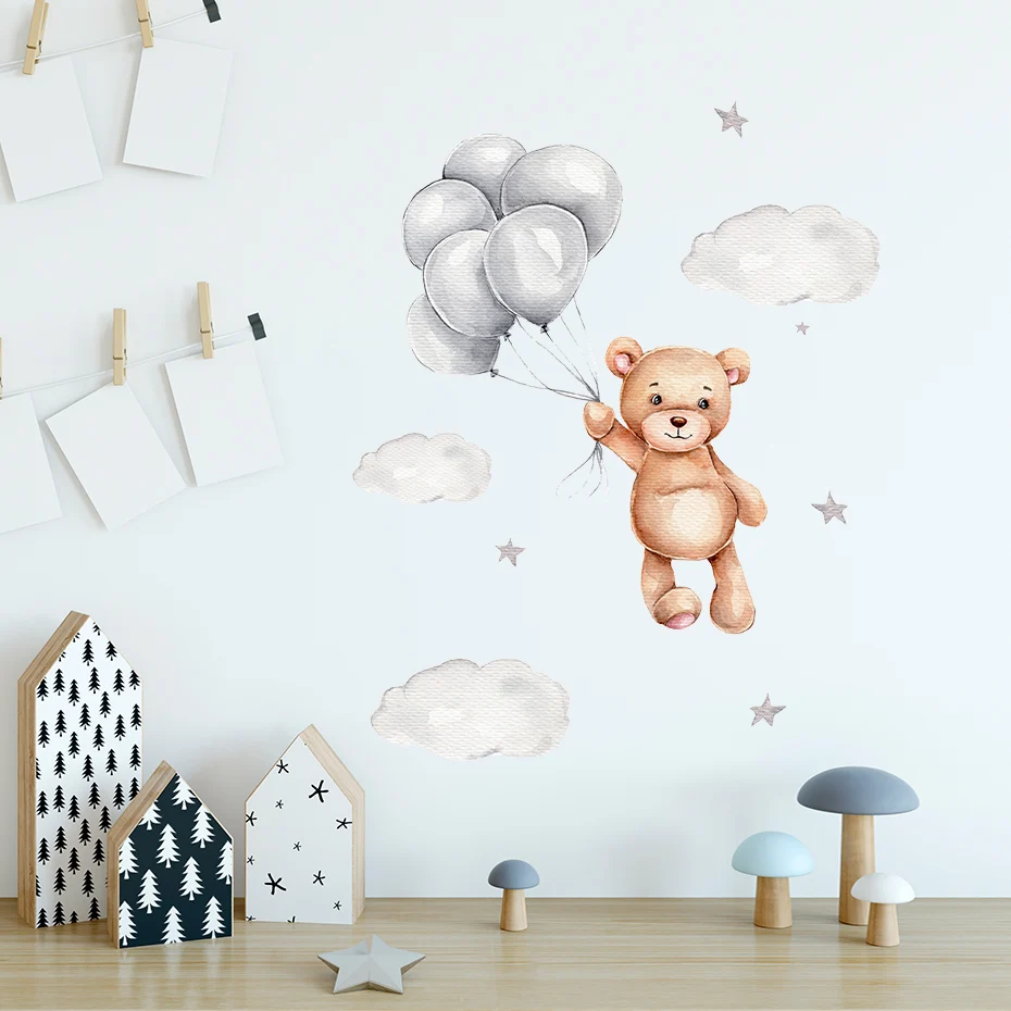 

Removable Wall Stickers Poster Cartoon Teddy Bear Balloon Cloud Stickers Children's Room Art Baby Boy Room Home Decoration