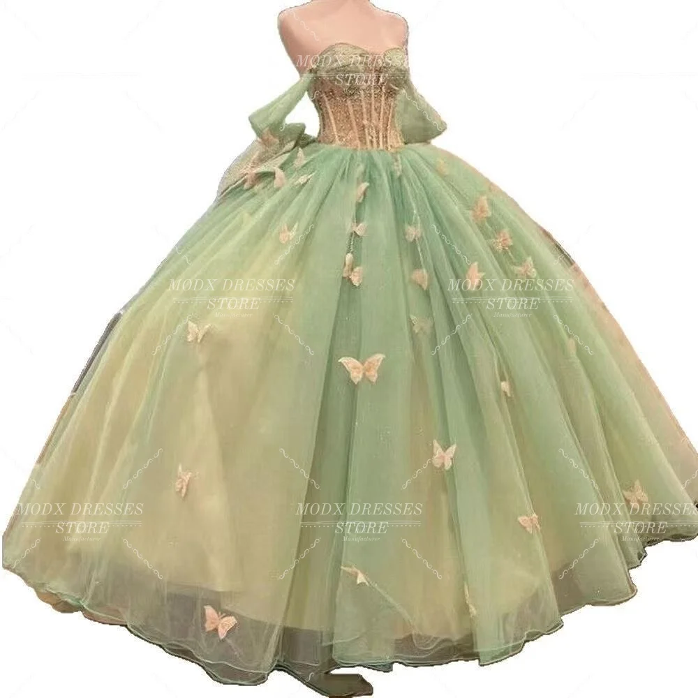 Фото MODX Exquisite Sage Green Butterflies Appliqus Evening Dresses Customized Off-shoulder Women Party Dress Formal Celebrity Gowns №4
