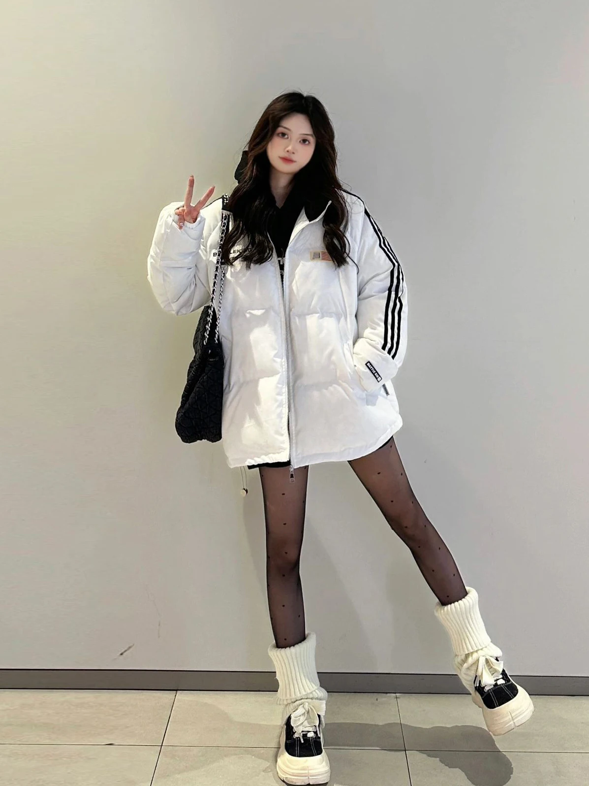 Американский белый пуховик с тремя полосками женская одежда хлопковой
