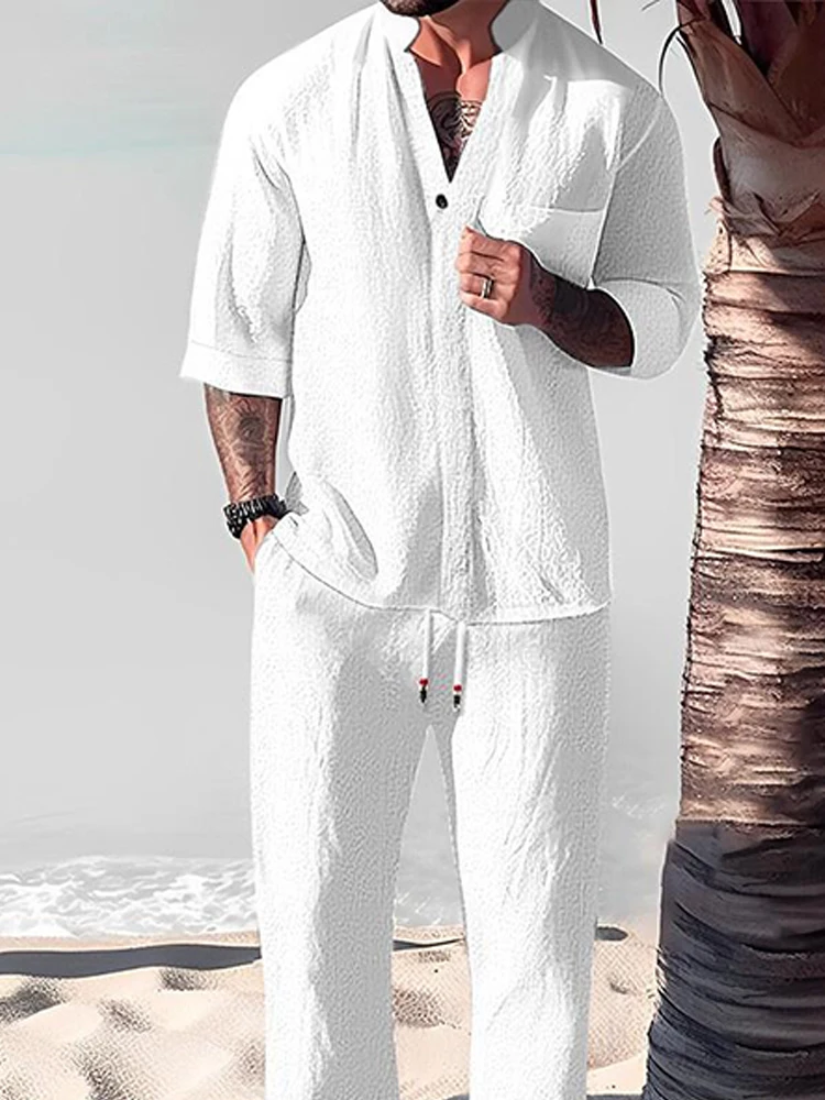 

Summer Simple Retro Style Men's Two Piece Set Summer Short Sleeve Shirt Trouser Set Casual Solid Color Loose Street Set for Men