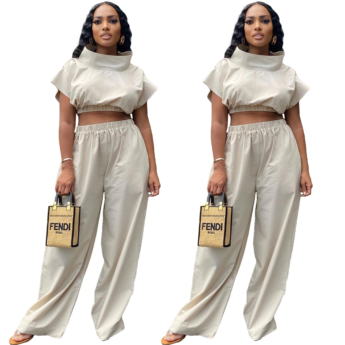 

2023 Solid Women Pants Two-piece Set Stand Neck Short Sleeves T Shirt Loose Wide Leg Pants Club Fashion Outfits