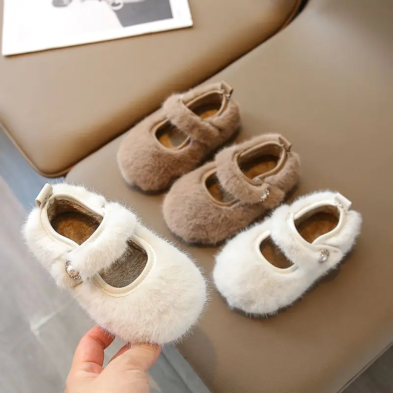 

2024 New Autumn Winter Korean Kids Fashion Pearl Furry Shoes Girls Keep Warm Casual Shoes Children's Plush Flat Chaussure Ankle