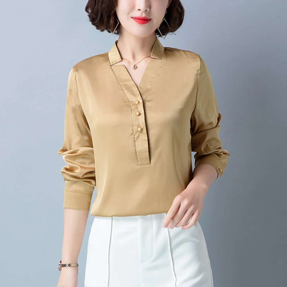 

Korean Style Satin Blouse Spring Autumn Elegant Women Long Sleeve Shirt Top Women V Neck Pullover Shirt Blusas Mujer De Moda