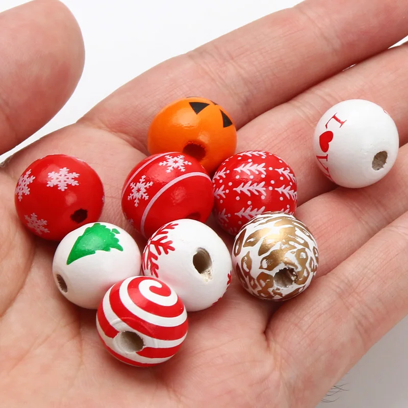 Round Balls Red Green Wooden Beads 15mm Cartoon Tree Letter Pattern Halloween Christmas Beads For Jewelry Making DIY Accessories images - 6