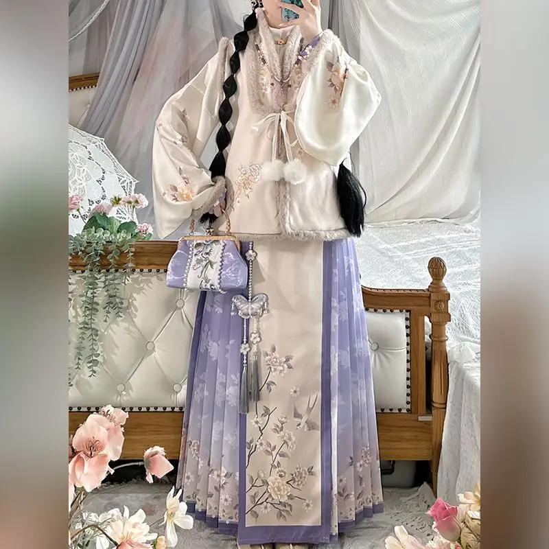 Розовое женское платье Hanfu Mingxian с вышивкой теплый чем воротник для ногтей рукав