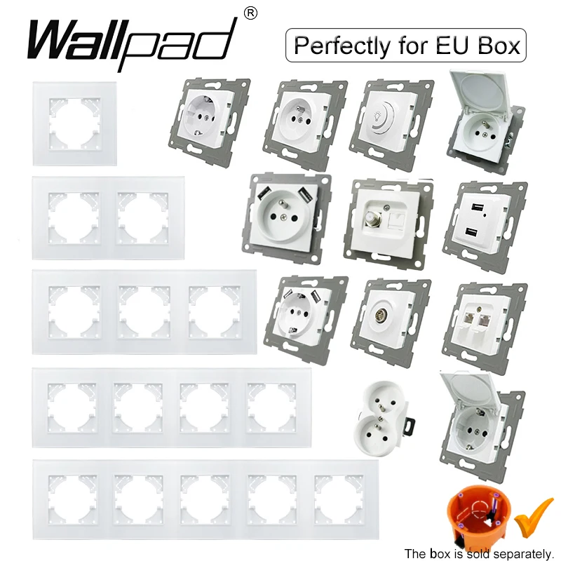 

EU DIY White Glass 16A German French Russia Spain Wall Socket with Double USB TV Satellite Cat6 Data Tel Outlet Charger Wallpad