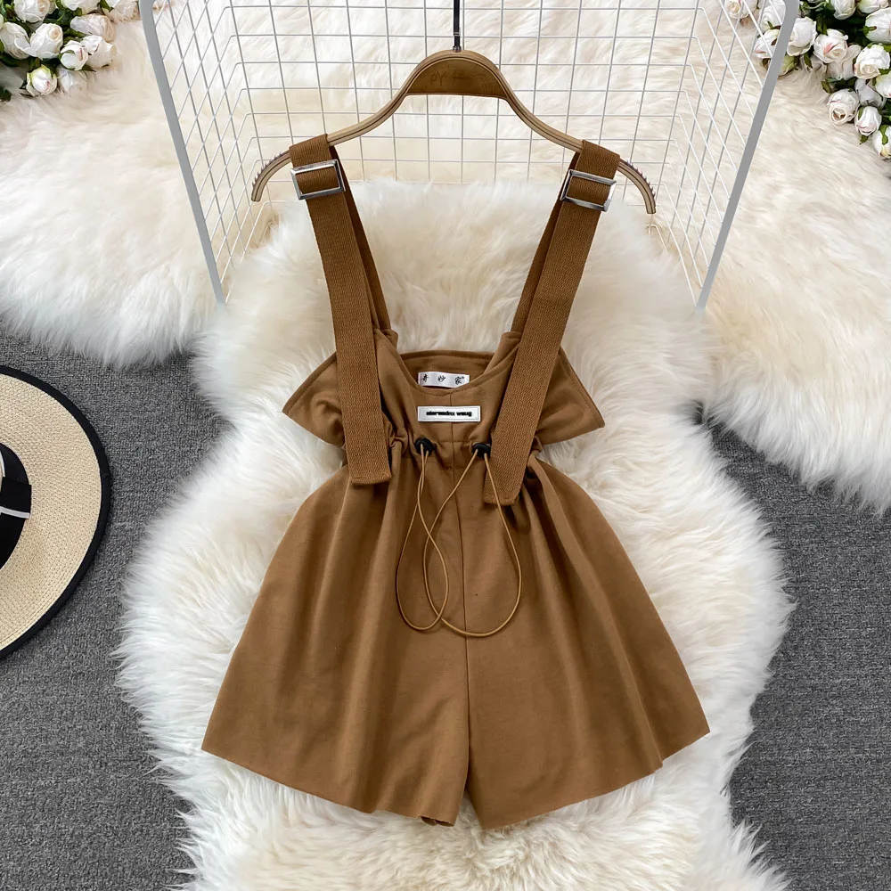 

Женский винтажный комбинезон, повседневный свободный однотонный комбинезон с шортами и высокой талией на подтяжках, уличная одежда, Новинк...