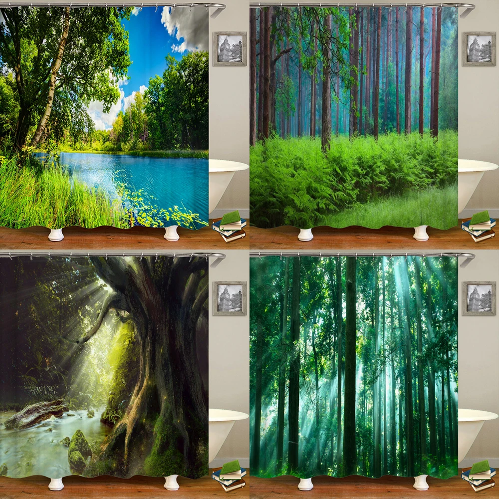 

Virgin Forest Scenery Fabric Shower Curtain Trees Landscape 3D Printing Polyester Waterproof Bathroom Curtains Decor with Hooks