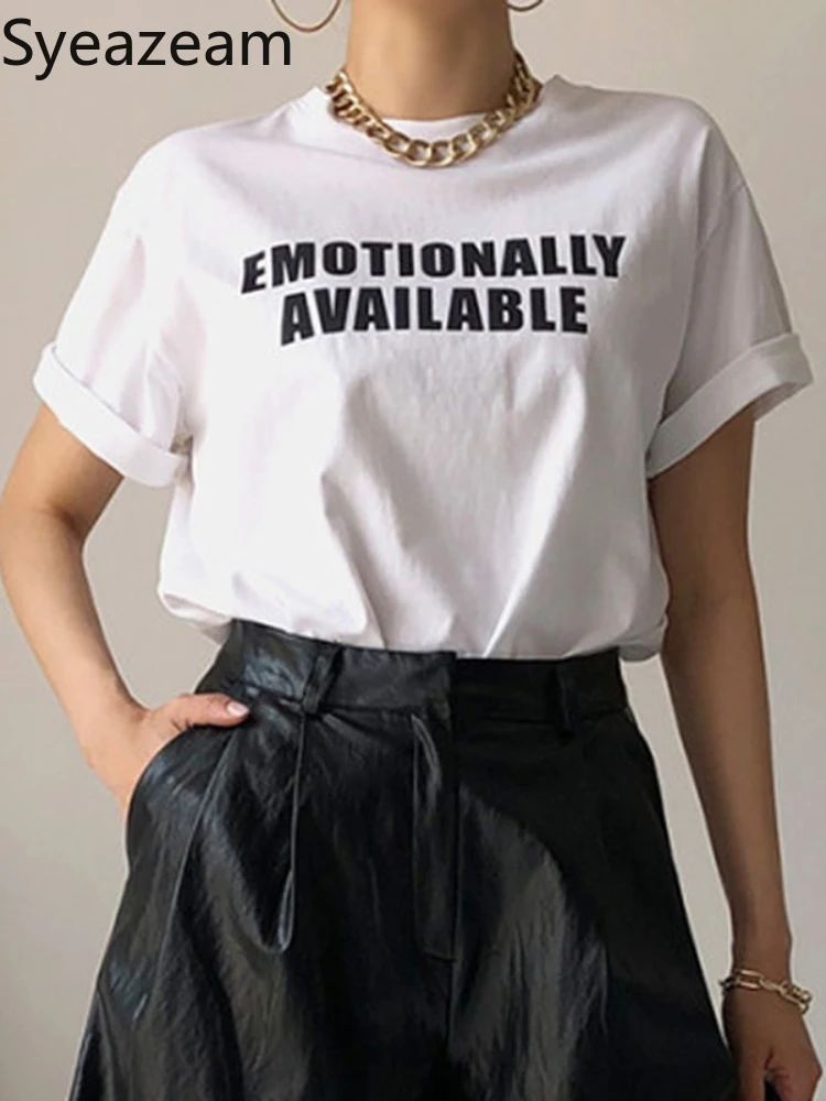 

Syeazeam White Letter T-shrit Women Korean Chic Summer Simple Casual O-neck Loose All-match Pullover Short-sleeved Tshirt Female