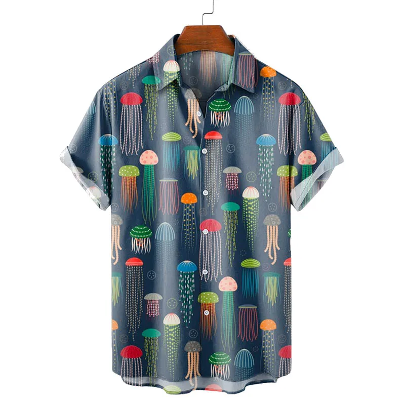 Male Short Sleeve Shirt 2022 Hot Selling Men's Fashion Vintage Clothing Jellyfish Casual  Male Short Sleeve Shirt