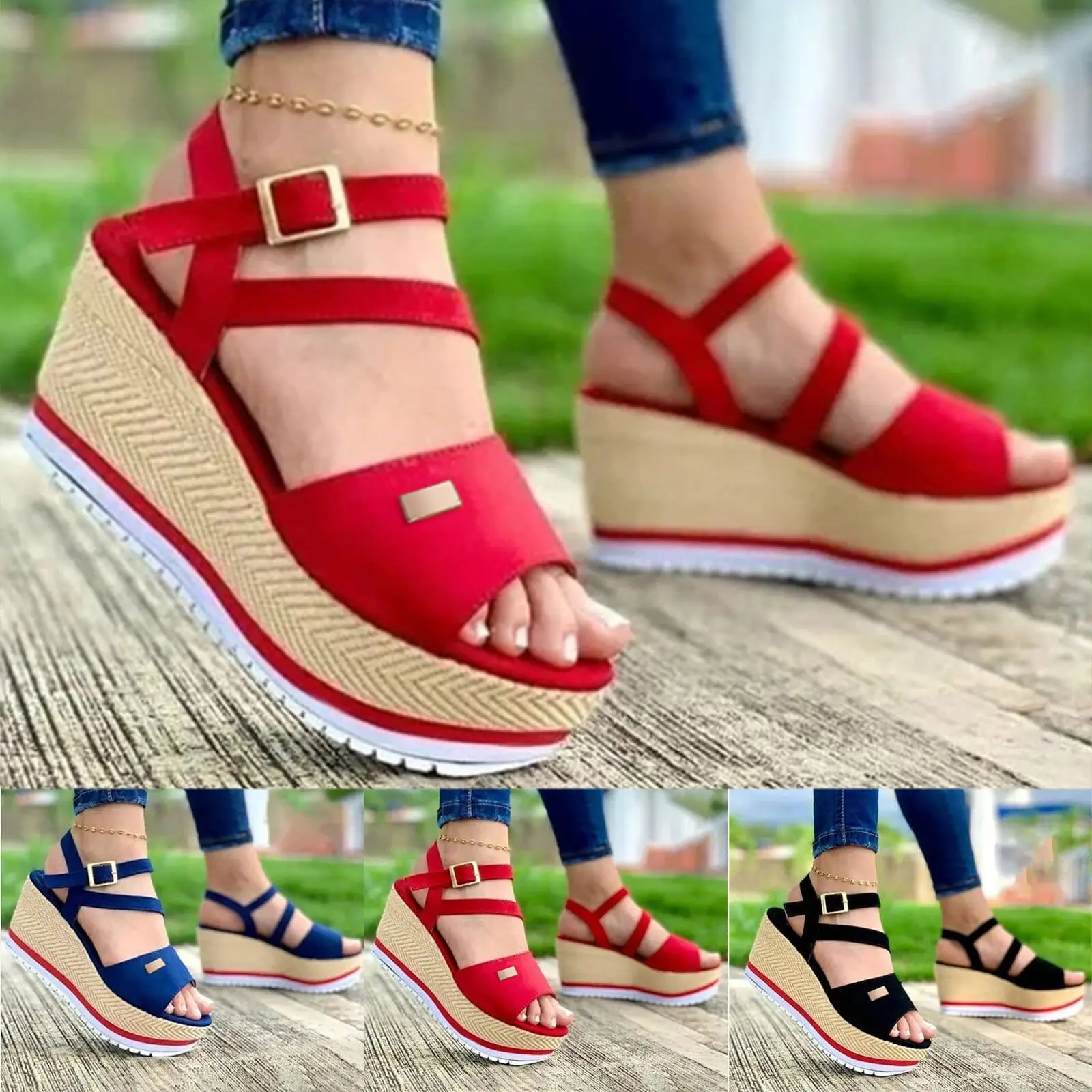 Women Wedge Sandals Summer Peep Toe New Plus Size 43 Female Shoes Solid Color Backstrap Comfortable Casual Women's Sandals