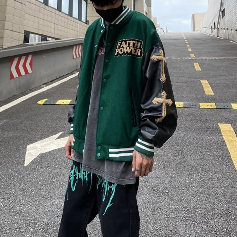 Мужская бейсбольная куртка в стиле ретро из искусственной кожи хип-хоп пэчворк