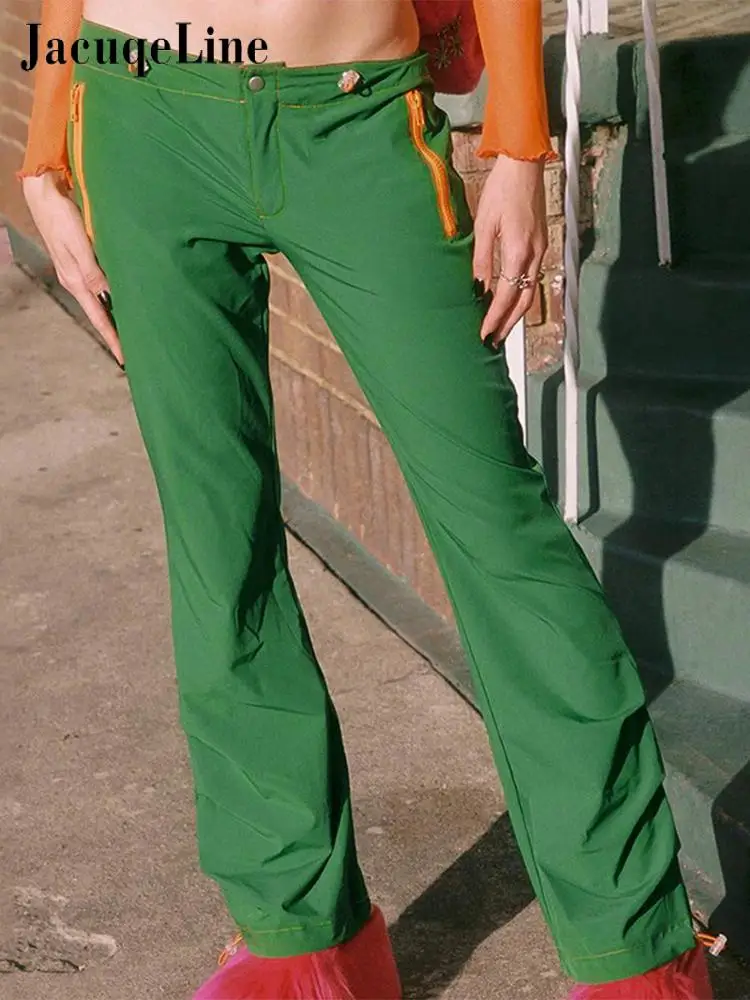

Jacqueline Y2K Streetwear Straight Zipper Pants Women Green Low Waist Long Trouser Casual New 2022 Fashion 90S Cargo Pant Summer