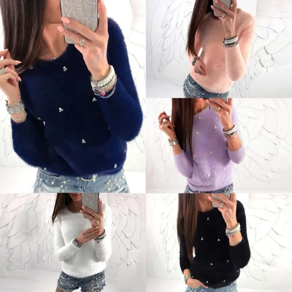 

Women Tops Casual Autumn Winter Faux Pearl Long Sleeve Sweatshirt Faux Pearl Beading Multiple Colors Sweater for Shopping