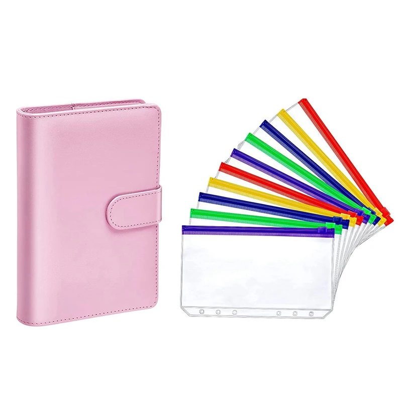 

PU Leather Notebook Binder, Budget Planning Folder and 10 Cash Budget Envelopes (Pink Cover and Colored Paper, A6)
