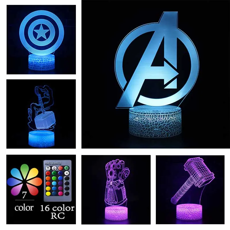 

Avengers Superhero Action Figures Weapons LED Lamps Infinity Gauntlet Thor Mjolnir Captain Shield 3D Decor Night Lights Kid Gift