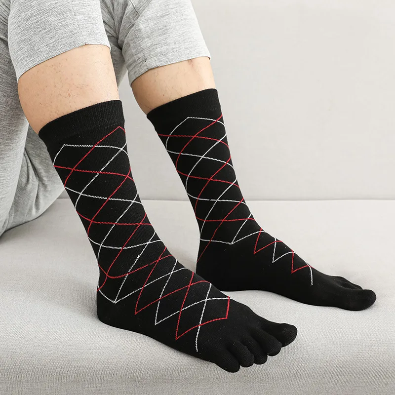 5 Pairs Men's Mid-Calf Socks with Toes Classic Black Striped Plaid Five Fingers Socks Elastic Quality Cotton Business Long Socks