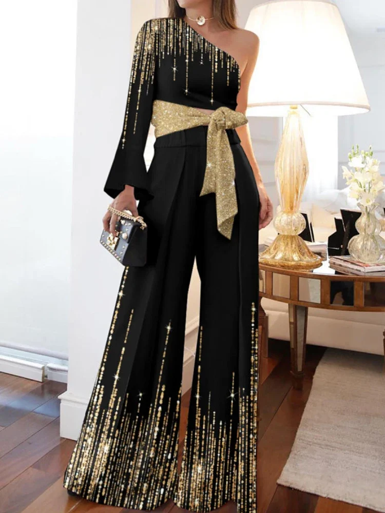 Элегантный лоскутный блестящий вечерние комплект из 2 предметов с лямкой на шее