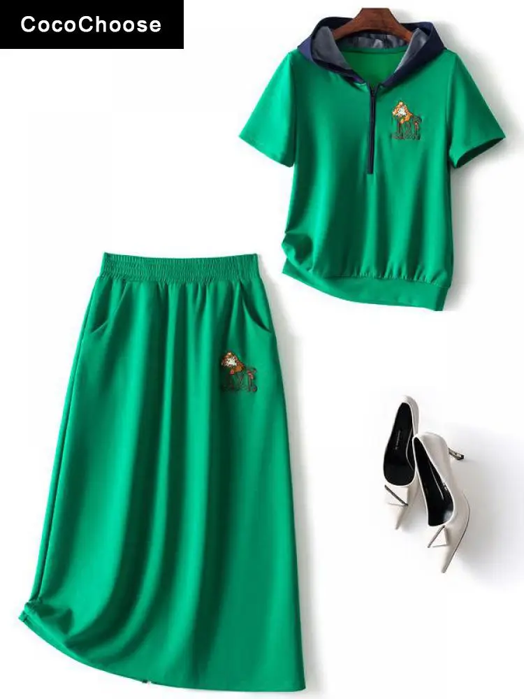 

Sporty Style Women Dress Set 2022 Summer Fashion Ribbed Short Sleeve Zipper Hooded Top and Skirt Suits Casual Outfits Green Pink