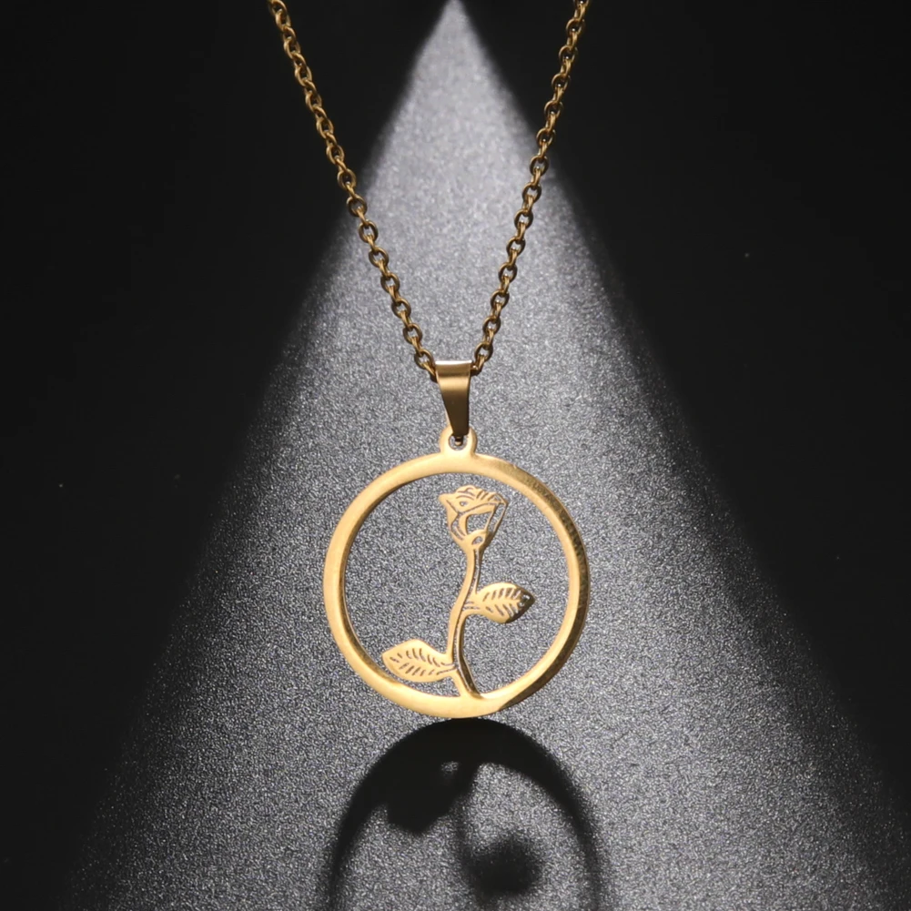 

Fashion Choker Jewelry Hollow Round Rose Pendant Necklace Stainless Steel Necklace for Women Anniversary Gifts