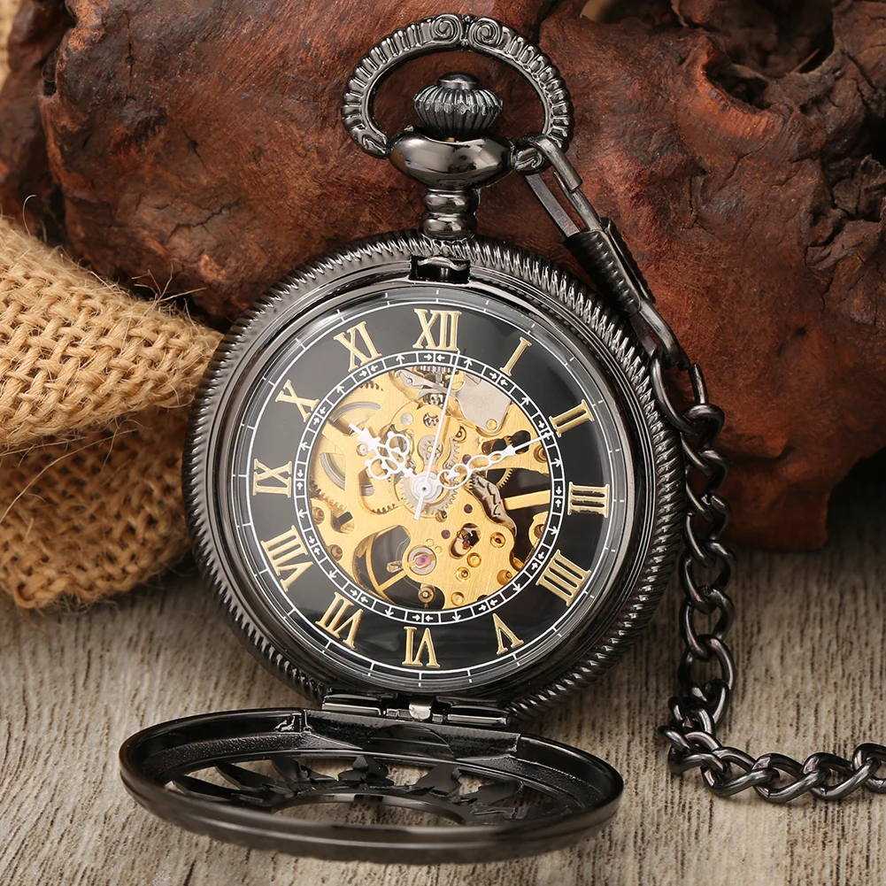 Gold Roman Numerals Dial Manual Mechanical Pocket Watch Hollow Black Sun Pattern Vintage Pendant Man Clock Fob Chain