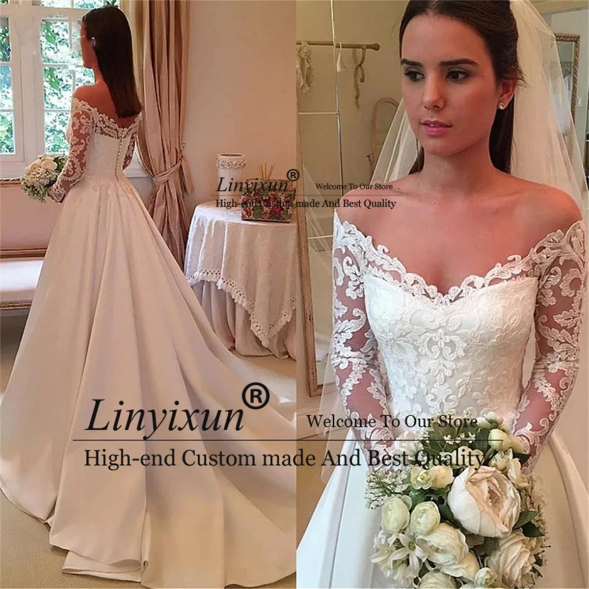 

Женское кружевное свадебное платье It's yiiya, винтажное ТРАПЕЦИЕВИДНОЕ ПЛАТЬЕ с открытыми плечами, аппликацией и бисером на пуговицах в арабск...