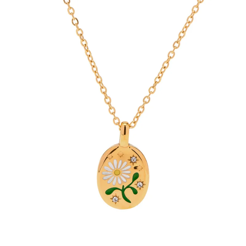 

Minar Cute Lovely Enamel White Daisy Flower Coin Medallion Pendant Necklaces for Women 18K Gold Plating Titanium Steel Necklace