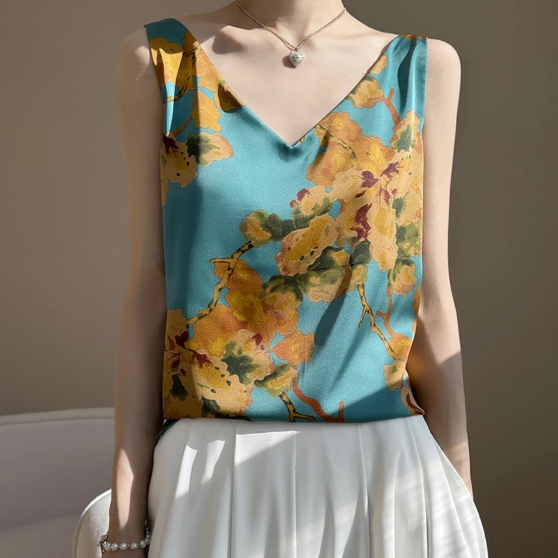 

Топ женский на бретельках с V-образным вырезом, базовая атласная шелковая майка с цветочным принтом, без рукавов, свободная рубашка, на лето