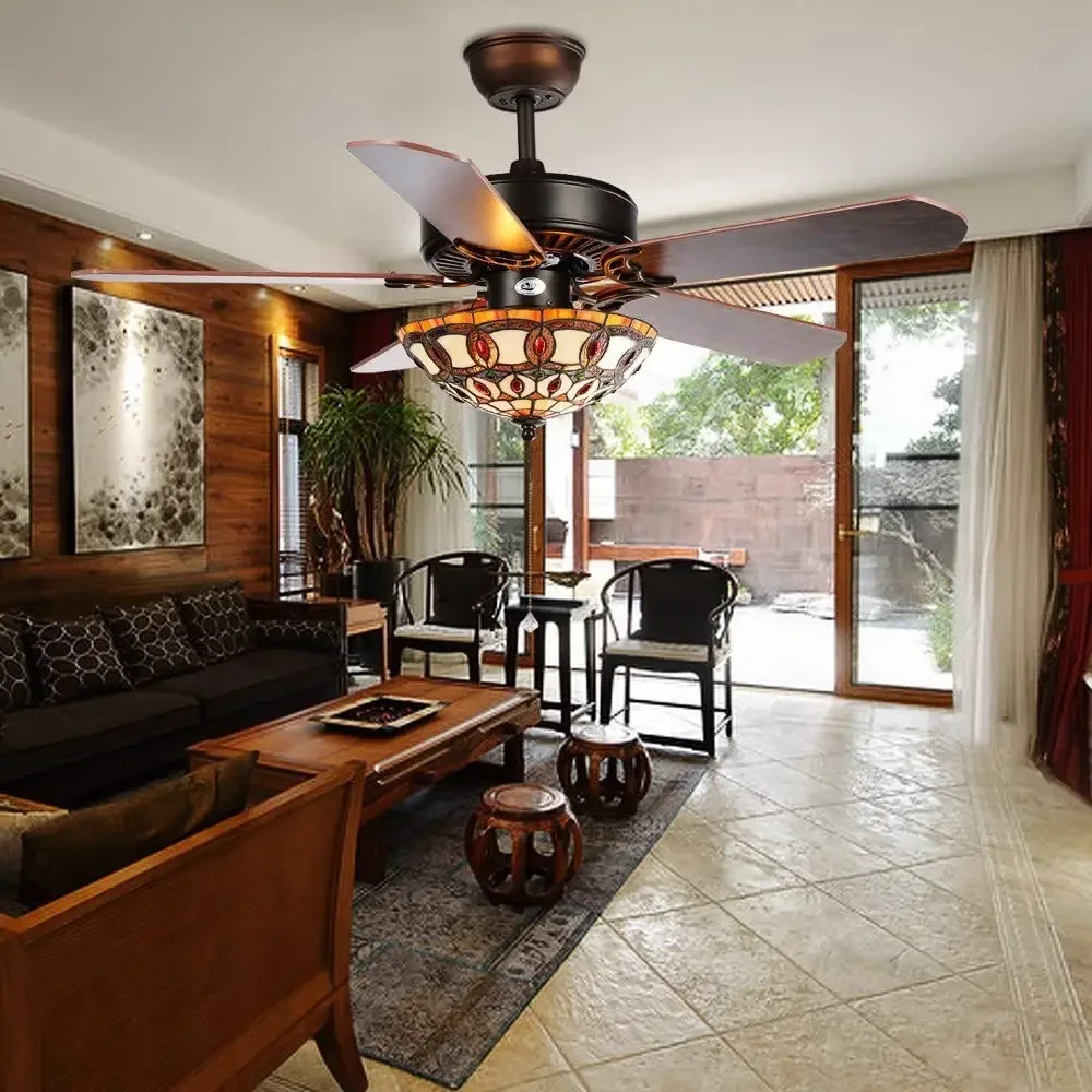 Потолочный вентилятор из витражного стекла Тиффани с подсветкой лампа