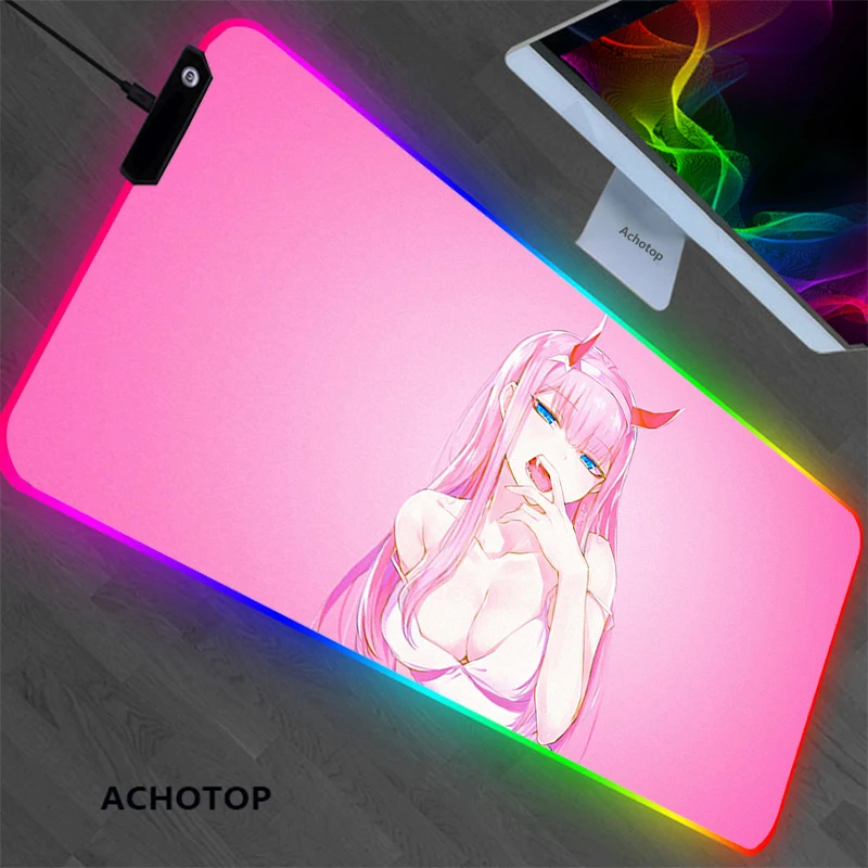 anime girl zero two rgb kawaii mouse pad xl luminous led laptop mini game accessories gamer keyboard carpet pad gaming mouse pad free global shipping