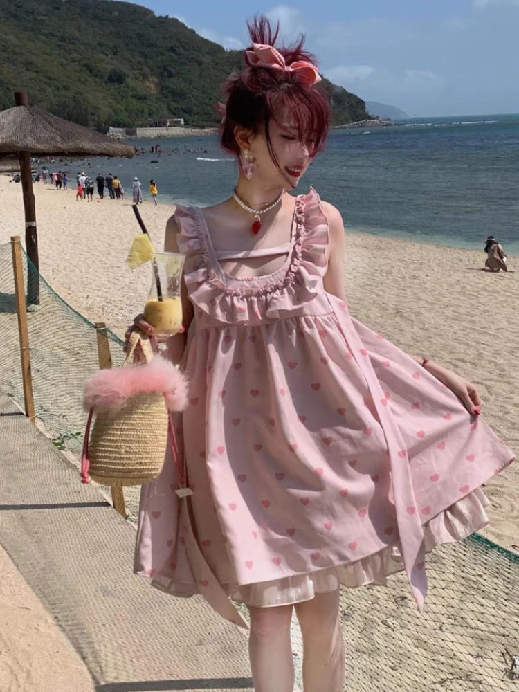 

HOUZHOU Kawaii Slip Dress Women Pink Ruffles Patchwork Mini Dresses Sweet Preppy Style 2022 Summer Holiday Beach Sundress