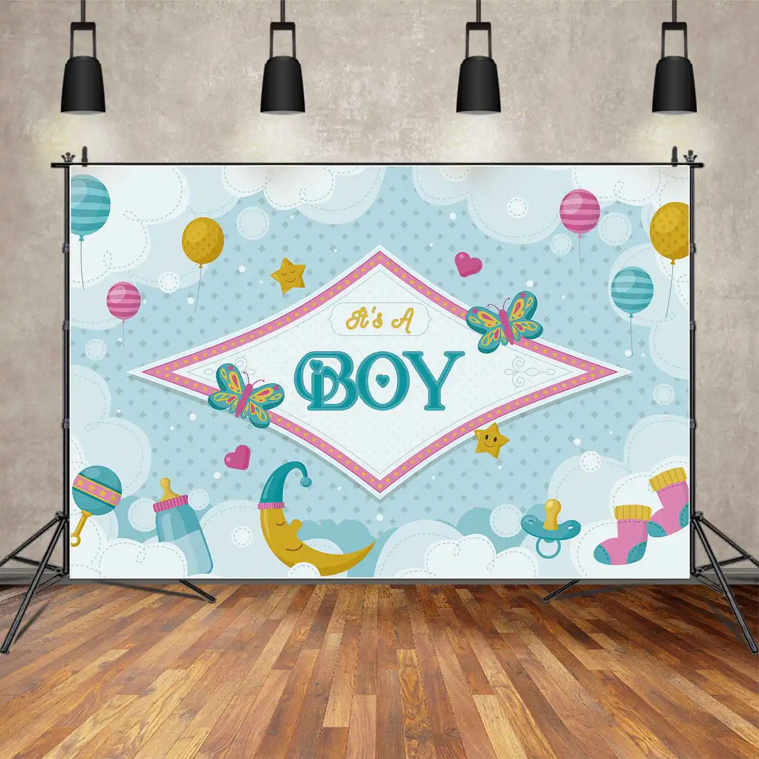 

MOON.QG Background Blue Check Butterfly Balloon Baby Shower Banner Backdrop for Boy Party Props Lollipop Carriage Photo Booth