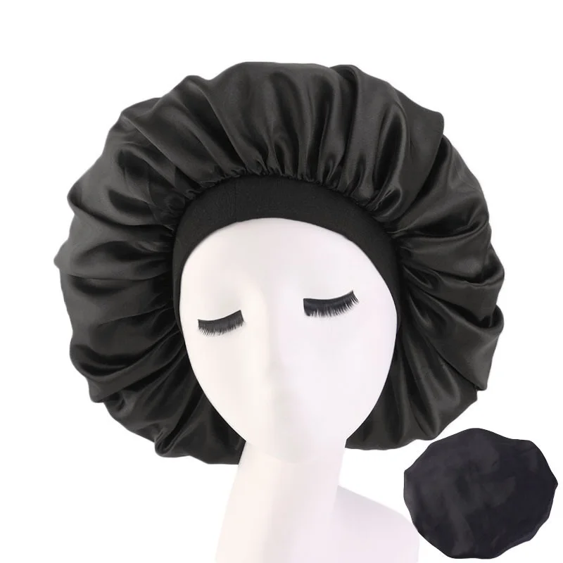 

New Women Big Size Beauty print Satin Silky Bonnet Sleep Night Cap Head Cover Bonnet Hat for For Curly Springy Hair Black