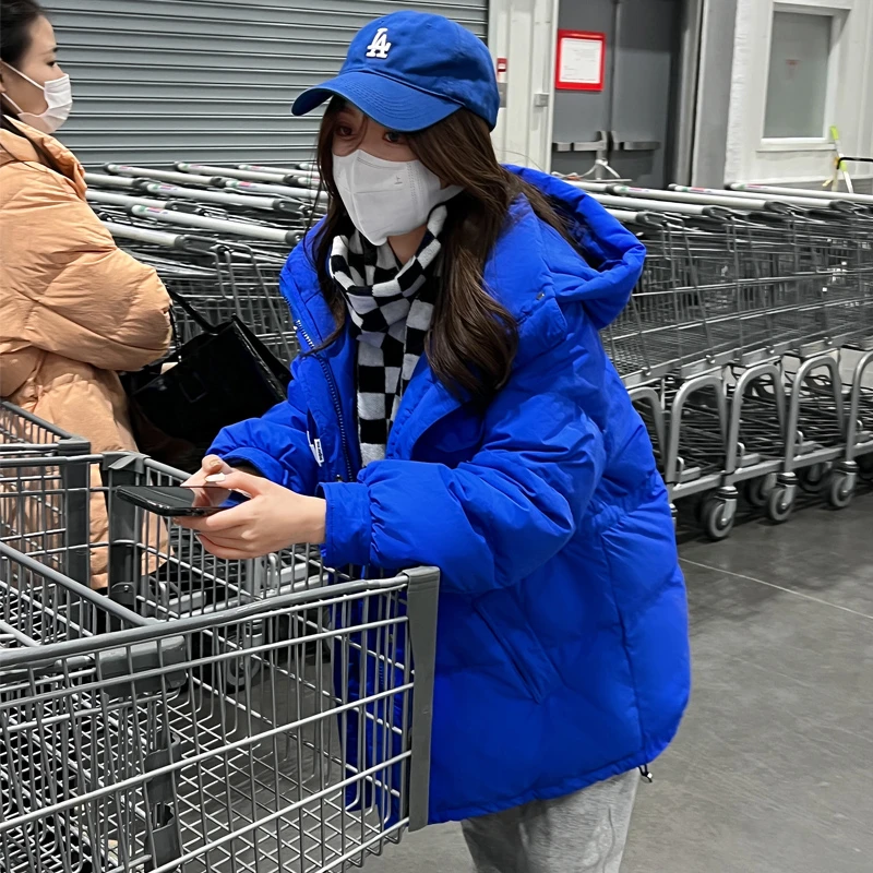Women's Fashion New Glossy Stand Collar Snow Coat Solid Warm Cotton Jacket Loose Overcoat Winter Zipper Windproof Hooded Parkas