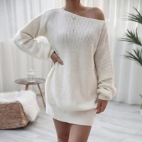 women solid simple loose knit dresses casual ladies pink one shoulder sexy ribbed jumper sweater dress autumn winter knitwear