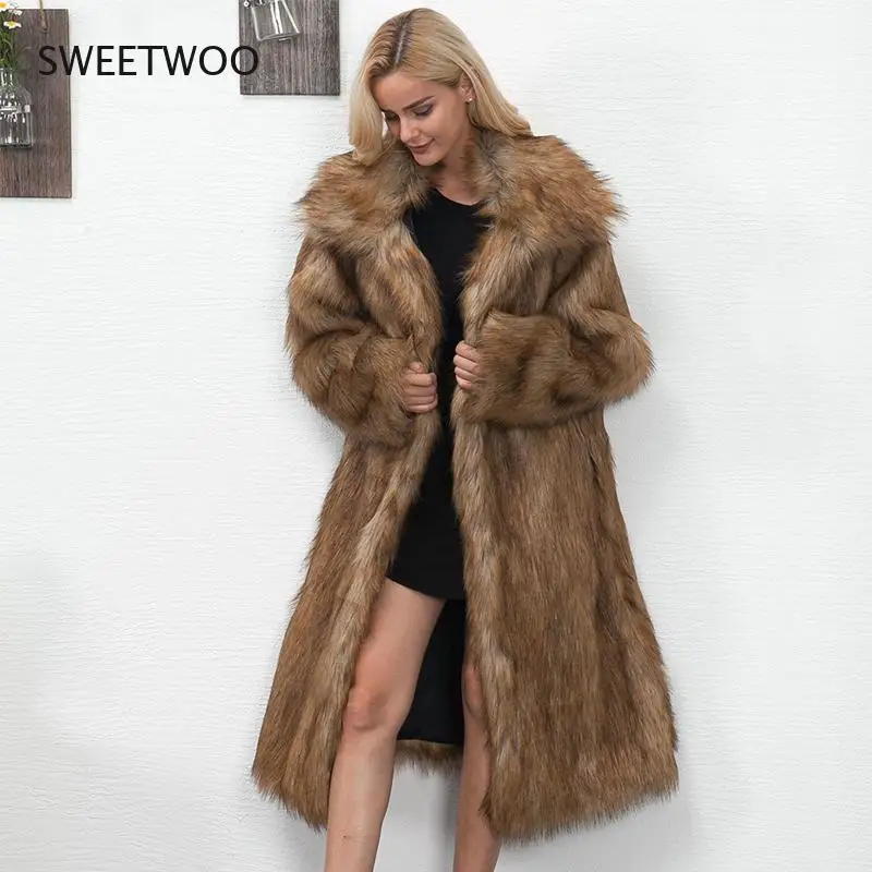 Winter Womens  Faux Fur Coat Long Slim Thicken Warm Hairy Jacket Trendy Warm Outerwear Fur Coat Trenchcoat Contracted