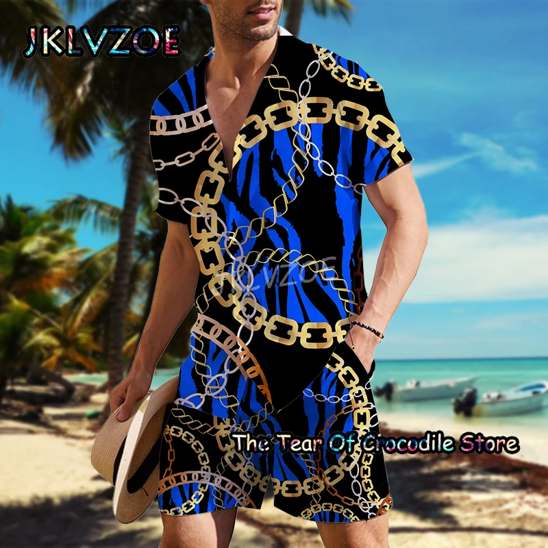 Buttoned Blue Men Shirt Set Fashion Casual Short Sleeve Print Design Turn-down Luxurious Top Quality Summer Tee 2 Piece Clothes