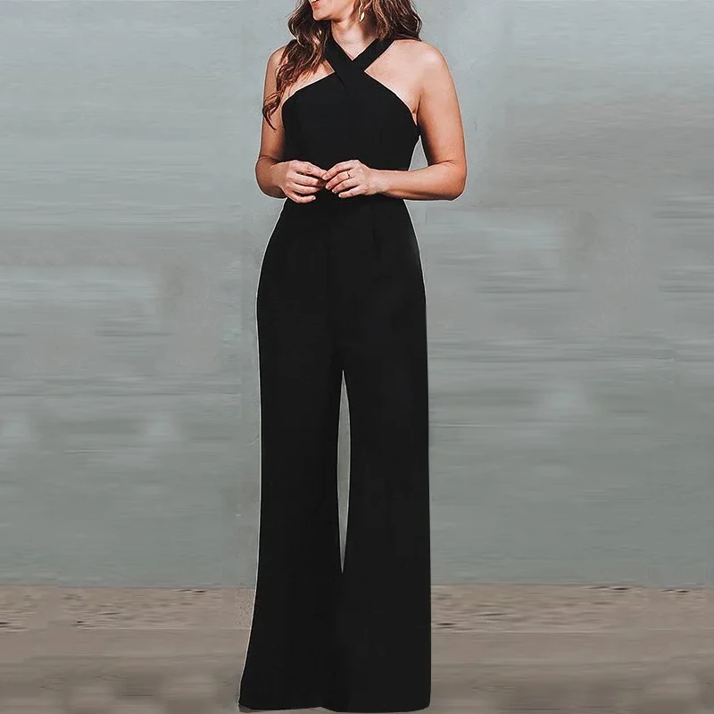 RDMQ 2023 Women Jumpsuit Halter Neck Sleeveless Backless Nipped Waist Loose Wide Legs Casual Pants Romper High Streetwear