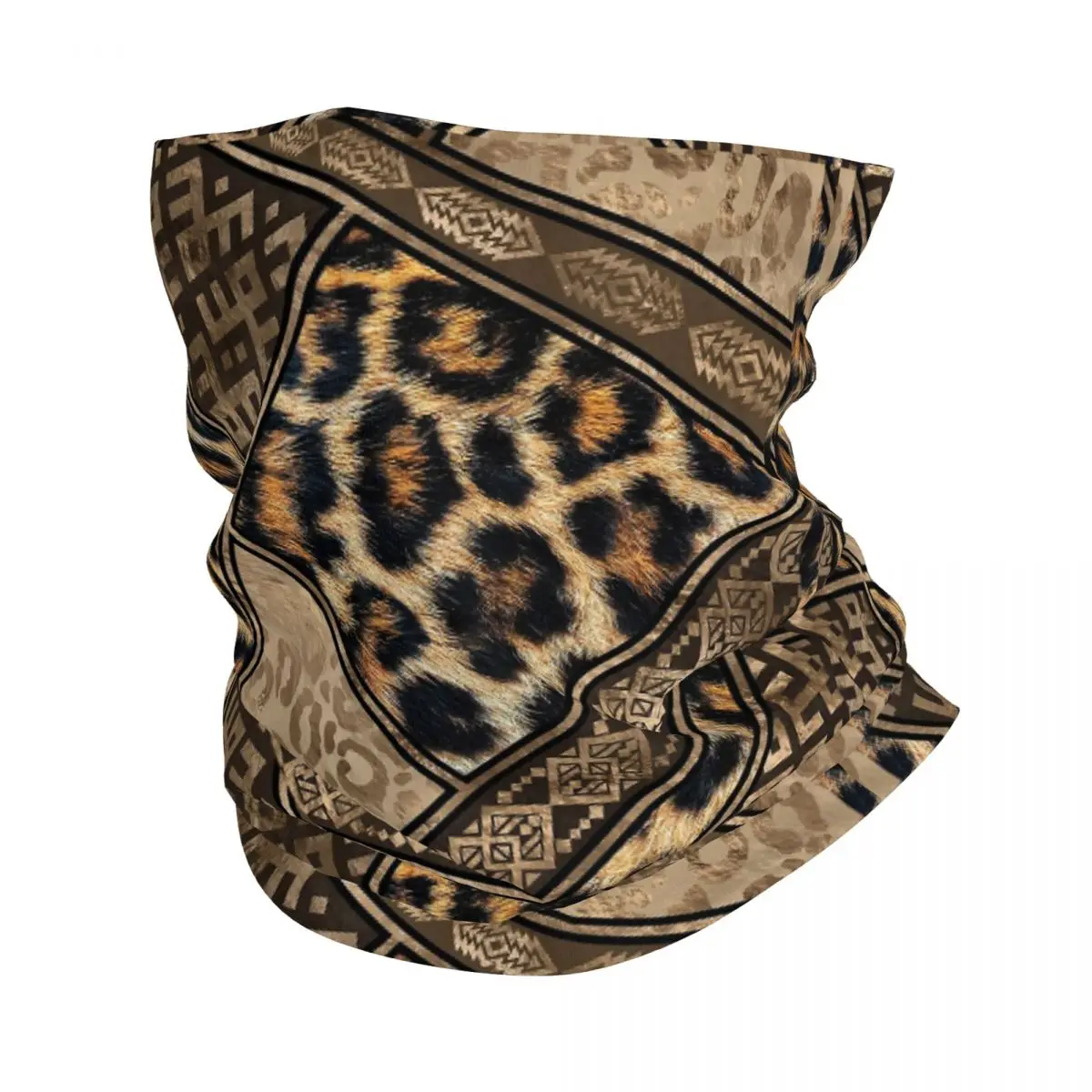 

Leopard Fur With Ethnic Ornaments Bandana Neck Gaiter Brown Animal Leopard Pattern Magic Scarf Multi-use Cycling Scarf Windproof