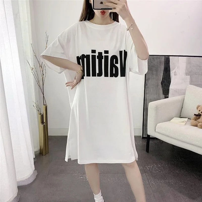 

Summer New Loose Letter Printing Oversized T Shirt Tops Mid Length Short Sleeve All-match Pullovers Fashion Casual Women Clothes