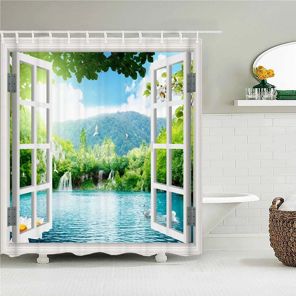 

Waterproof Bathroom Shower Curtains Natural Curtains 3d Printing with Hooks Washable Polyester Cloth Home Decoration Forest Bath