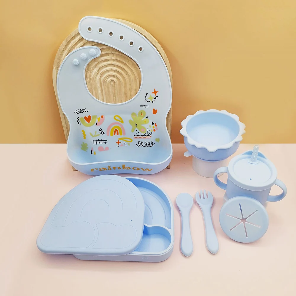 

Baby Soft Silicone Tableware Set Baby Feeding Dishes Plate Sucker Bowl Bibs Spoon Fork Set Children Non-slip Dinnerware BPA Free