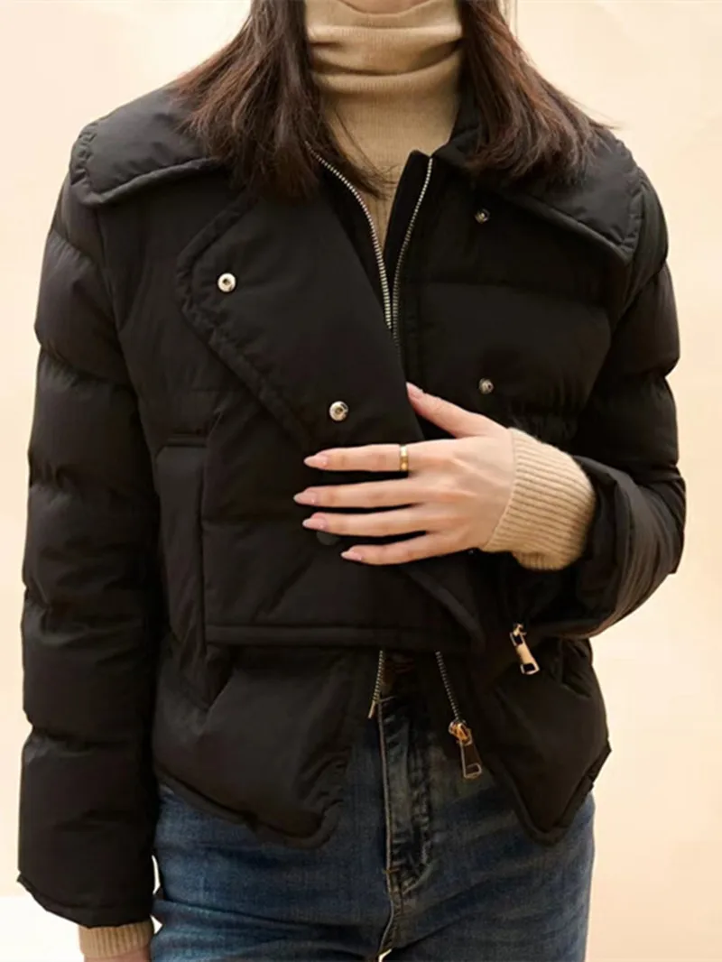 Women's Jacket Turn Down Collar Solid Color Zipper Long Sleeve Simple Autumn Winter Down Coat