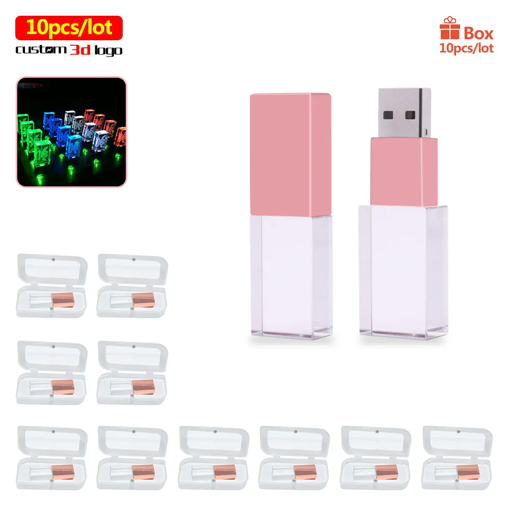 

10pcs Crystal usb sticks 3D print free custom logo 4GB 8GB 16GGB 32GB 64GB usb flash pen drive transparent glass 128gb portable