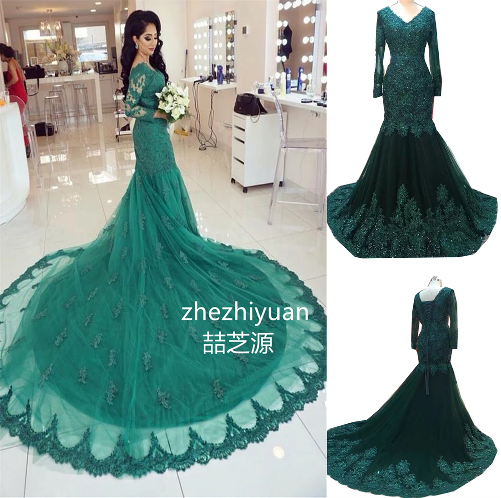 

Modest Custom Made Long Dress Mermaid Evening Dresses 2023 Lace Appliques Robe De Soiree longue 2019 Formal Dress Popular