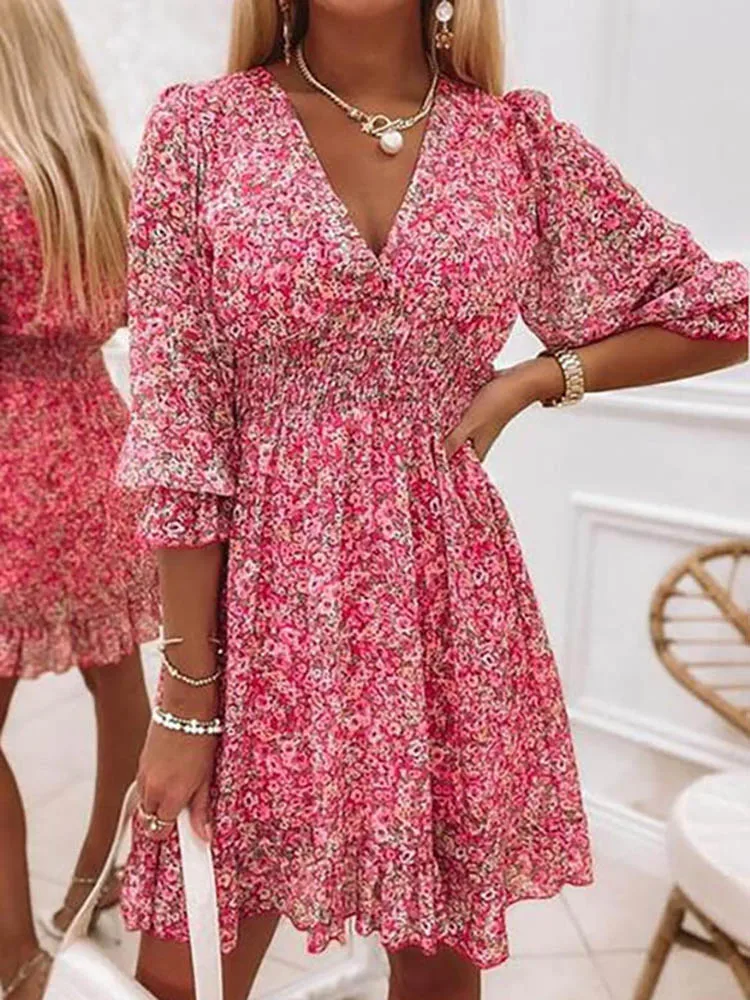 

summer dresses woman 2022 mid-skirt pullover print short-sleeve puff-sleeve mid-waist floral elegant Female dress free shipping