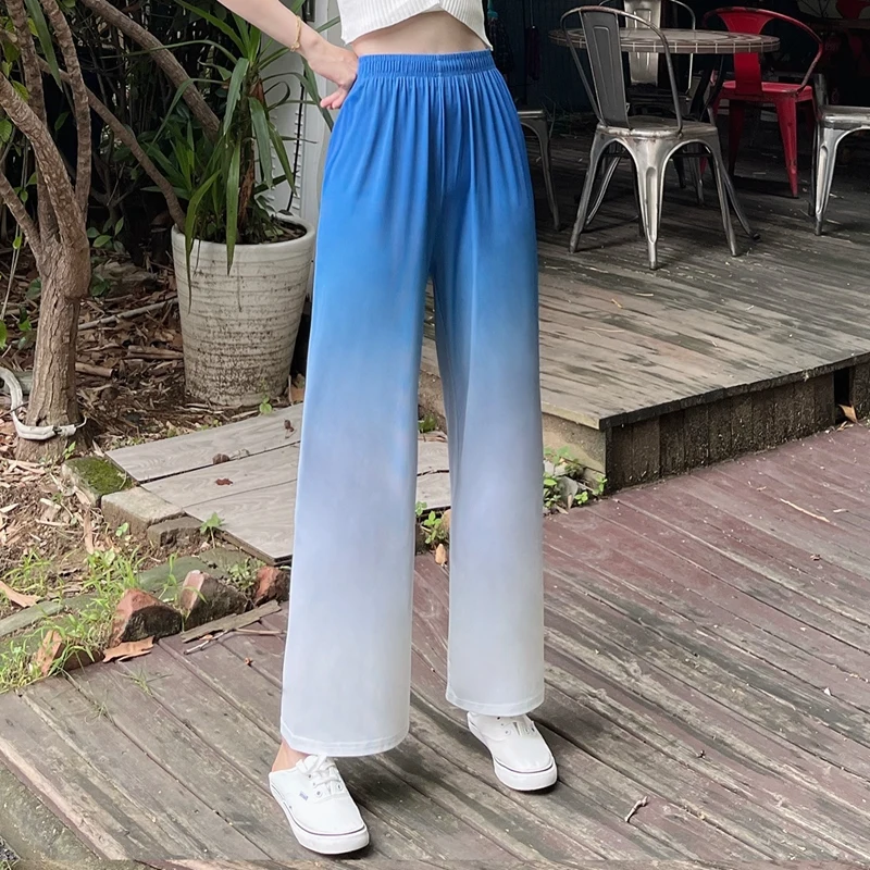 Korean Fashion Trend Women'S High Waist Drop Wide Leg Pants Summer 2023 New Loose Straight Casual Ice Silk Knitted Trousers