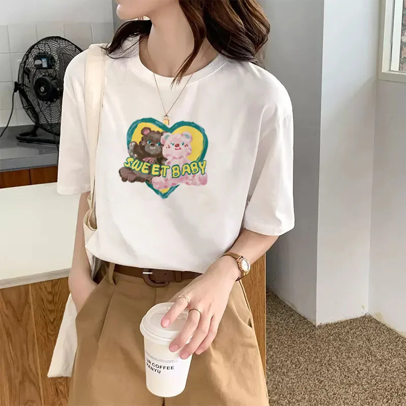 

2023 Summer Japanese Cute Sweet Bear Short Sleeve T-shirt Women's Cotton Loose Tea Tea Chic Chic Top