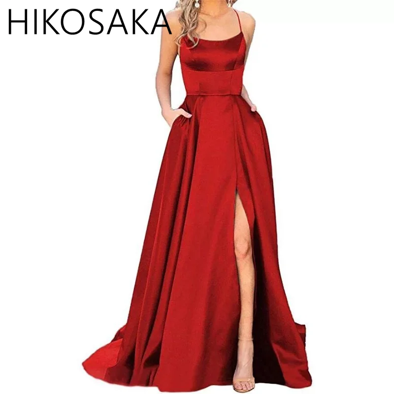 

Sexy Blue Camisole Satin Evening Dresses Deep V-neck Formal Party Split Gown Long Maxi Dress Plus Size Special Occasion Gowns