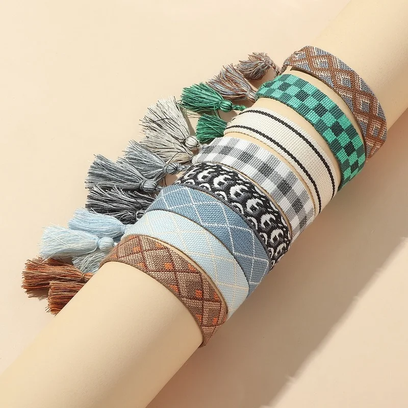 

Fashion Plaid Fabric Bracelet for Women Ethnic Handmade Braided Tassels Wrap Bracelets Friendship Gift Jewelry Spring 2022